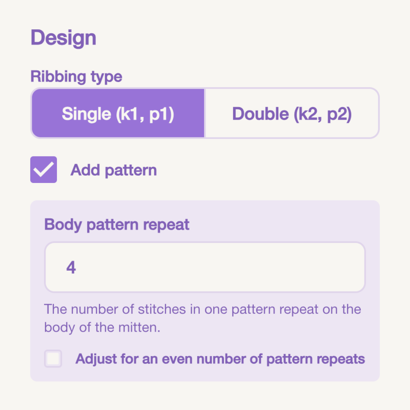 Screen shot of mitten pattern settings