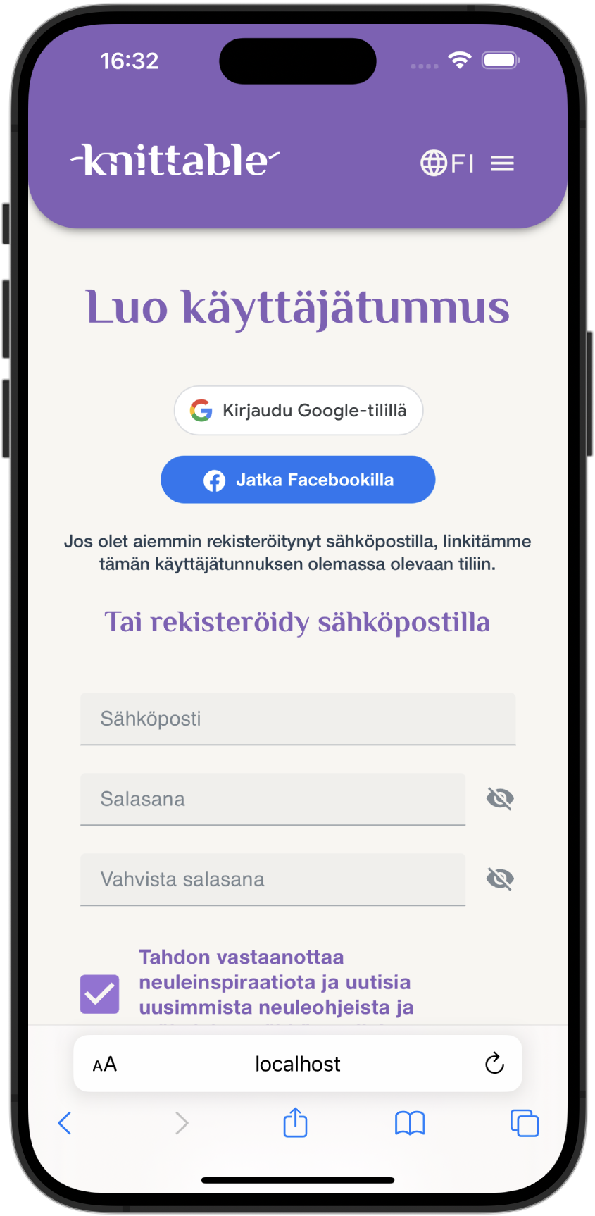 Käyttäjätilin luontinäkymä